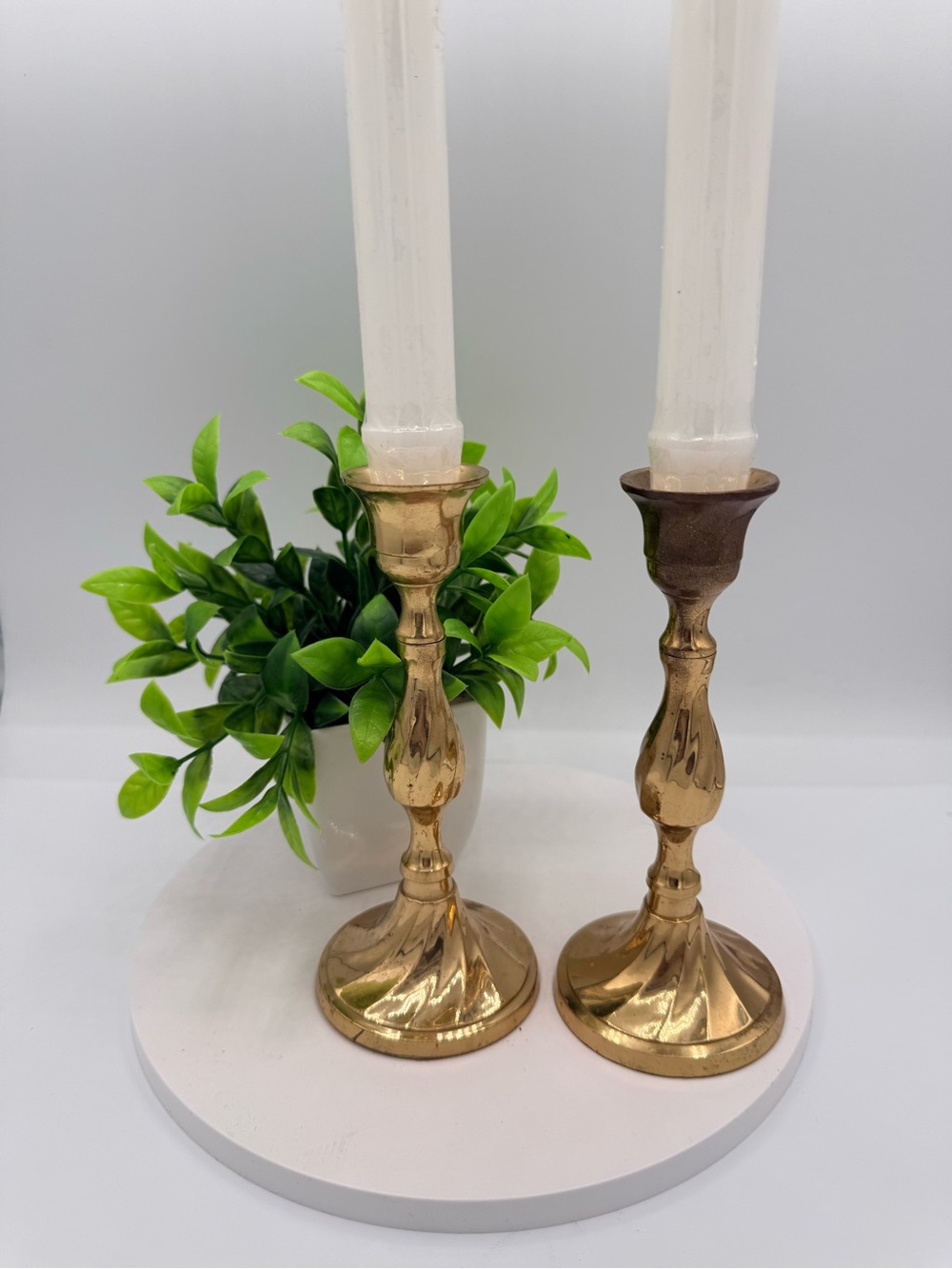 Vintage Polished Brass Taper Candlestick Holders, Swirl Twisted Stem Design - Pa